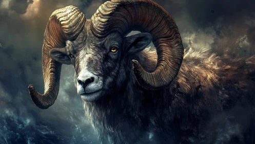 Digital painting of majestic ram with stormlit atmospheric backdrop.