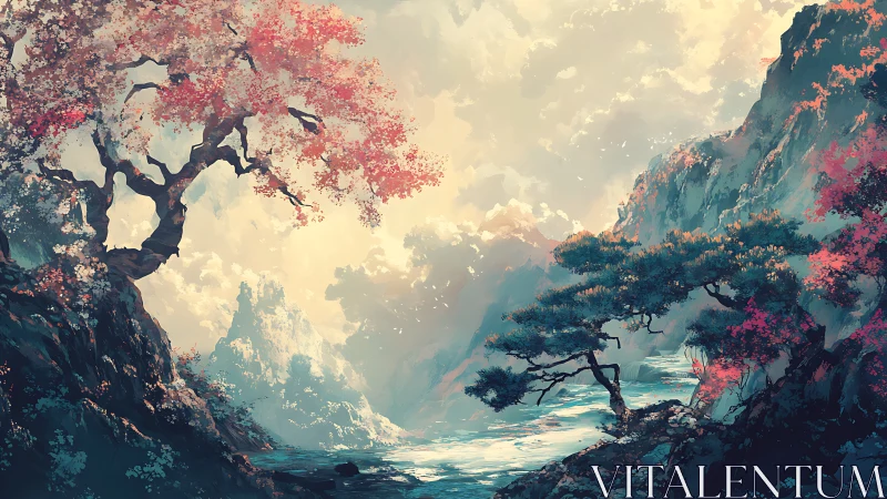 Dreamlit canyon trees guard a misty river of wandering light.