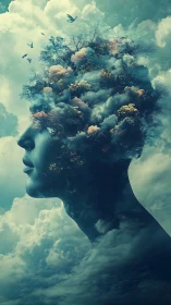 Surreal double exposure portrait merges clouds and forest mind
