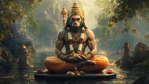 Hanuman figure meditating in ornate forest shrine scene.
