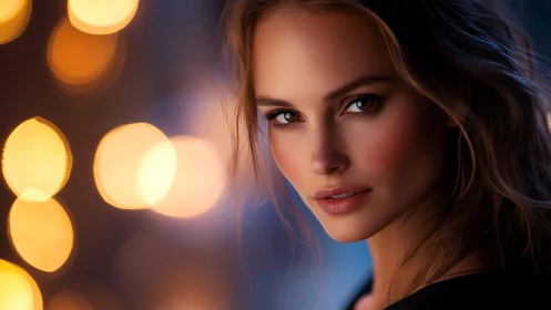 Portrait captures woman in warm bokeh night city lights