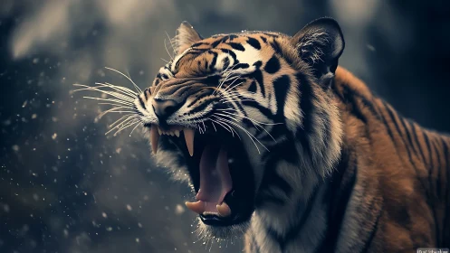 Tiger opens jaws wide in side profile under shallow focus