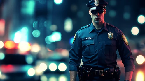 Night city patrol under neon lights and blurred sirens glow.