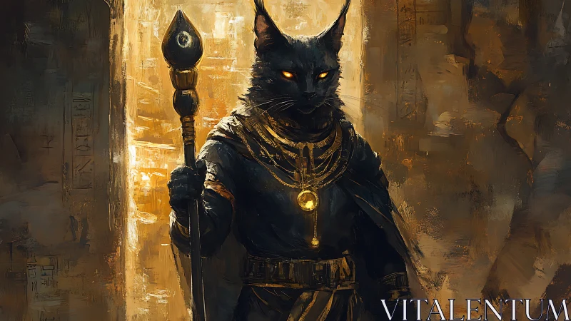 Egyptian cat deity guardian with glowing staff and amulet