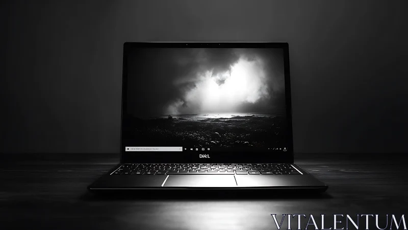 Closed-frame view shows an illuminated Dell laptop display