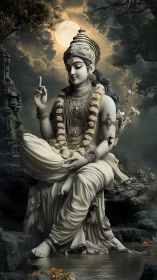 Moonlit divine figure in detailed garlands by reflective water