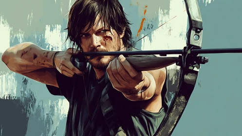 Grit-edged archer locking target in storm-brushed calm.