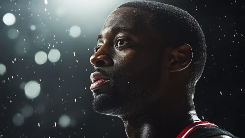 Focused basketball player under stadium rain lighting.