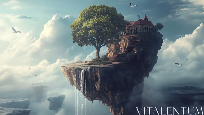 Floating Island Fortress with Waterfall in Luminous Cloudscape