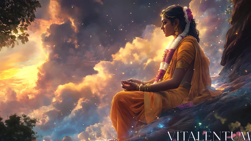 Woman in saffron sari seated on cliff at glowing sunset.