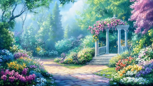 Sunlit floral gazebo along winding stone garden path.