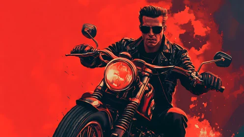 Motorcyclist in leather jacket against intense red backdrop.