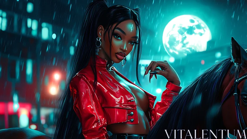 Midnight rider glows in red under a neon city moon