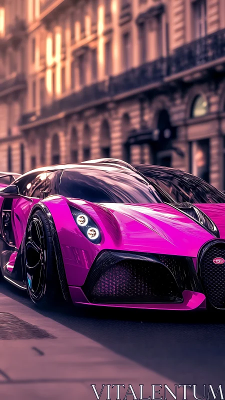 Magenta supercar gliding through golden city streets.