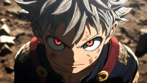 Battle-scarred anime hero with molten eyes of resolve.