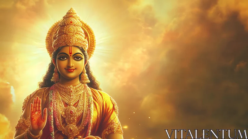 Golden goddess portrait in glowing celestial light.