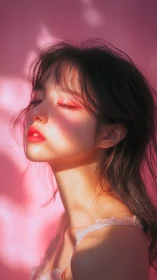 Soft pink portrait with closed eyes and warm sunlight.
