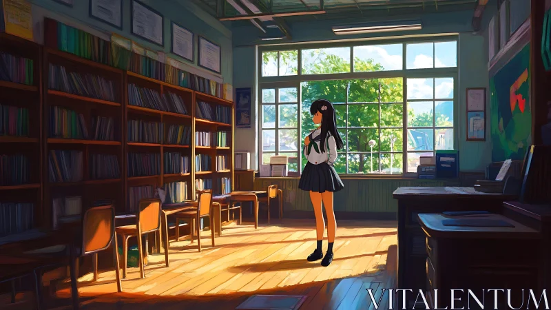 Sunlit school library moment with a quiet daydreaming girl.