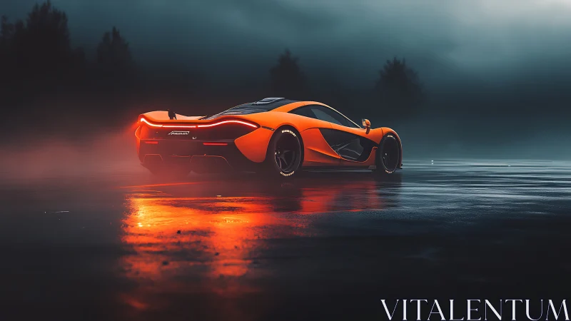 Aerodynamic hypercar in foggy wet-lot illumination study.