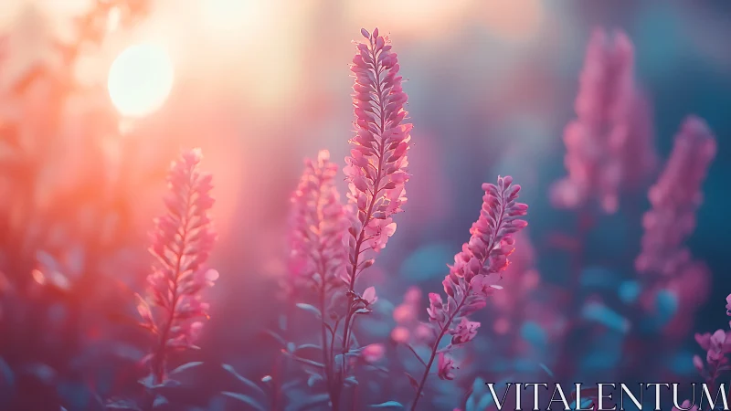 Pink Flowers Glowing in Golden Sunset Light Through Misty Bloom