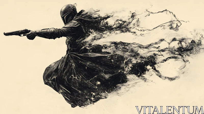 Armored gunfighter dissolving into abstract ink motion.