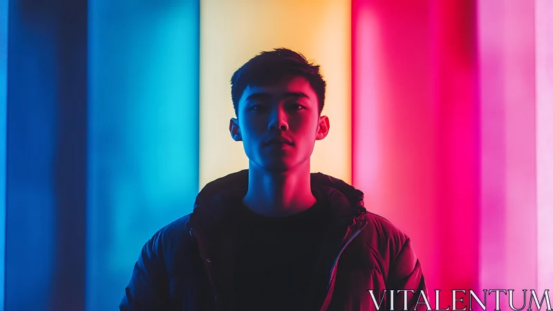 Neon-lit portrait framed by bold cyan, yellow, magenta bars.