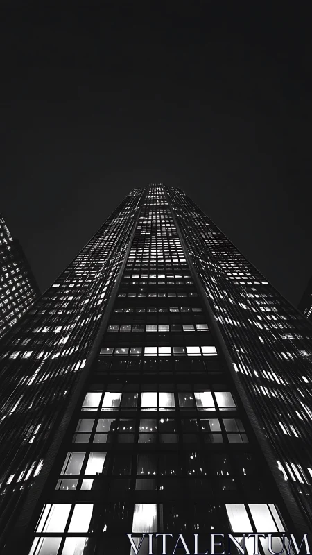 Midnight windows rising into a calm city sky.