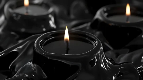 Black wax candles with reflective liquid surfaces burning.