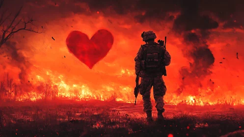Soldier Stands Resolute Against Burning Landscape with Heart.