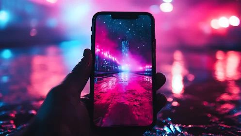 Smartphone portal framing neon nocturnal waterfront reflections.