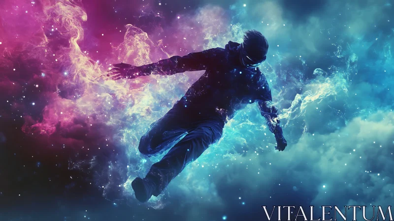 Stargazer in motion drifting through glowing cosmic clouds.