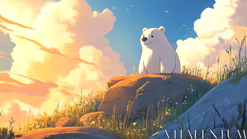 Cartoon polar bear sits on sunlit hilltop at sunset