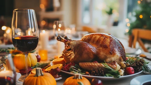 Roast turkey and red wine on warmly lit festive table.