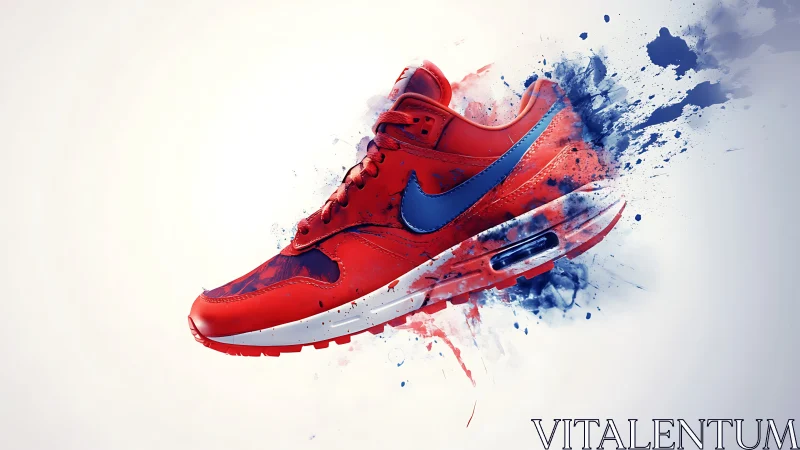 Red athletic shoe rendered with dynamic paint dispersion effects