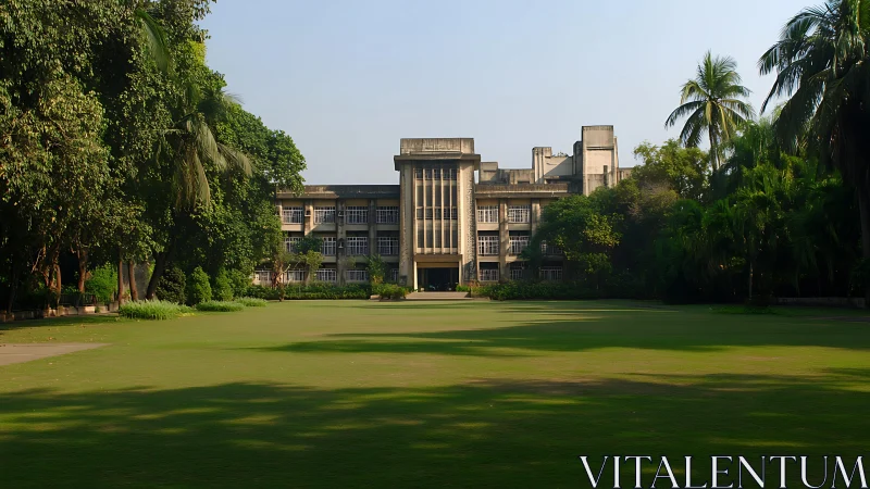 Modernist academic block with central lawn and tropical trees