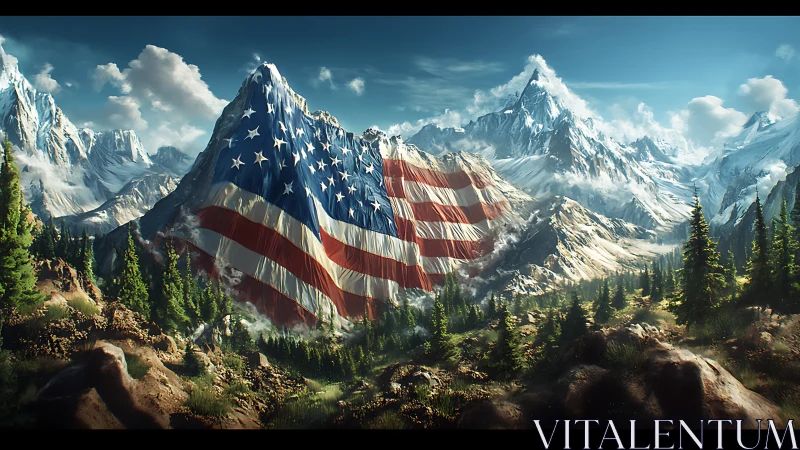 Starry stripes over mountain peaks and evergreen valleys.