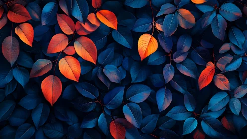 Vibrant orange foliage layered over deep indigo leaves.