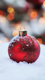 Red Christmas bauble rests in fresh snow, glowing bokeh light.