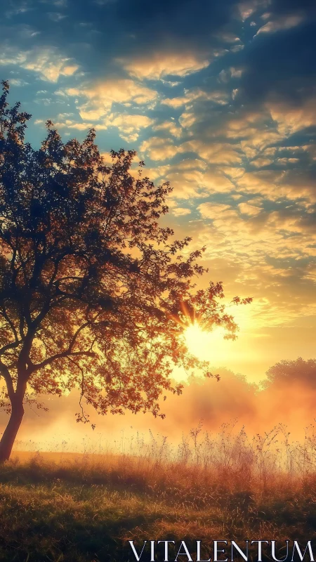 Tree and meadow illuminated by low sunrise through mist