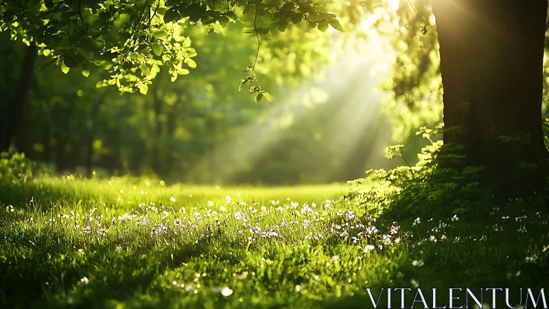 Sunlit Forest Glade with Wildflowers in Lush Greenery, Nature Photography.