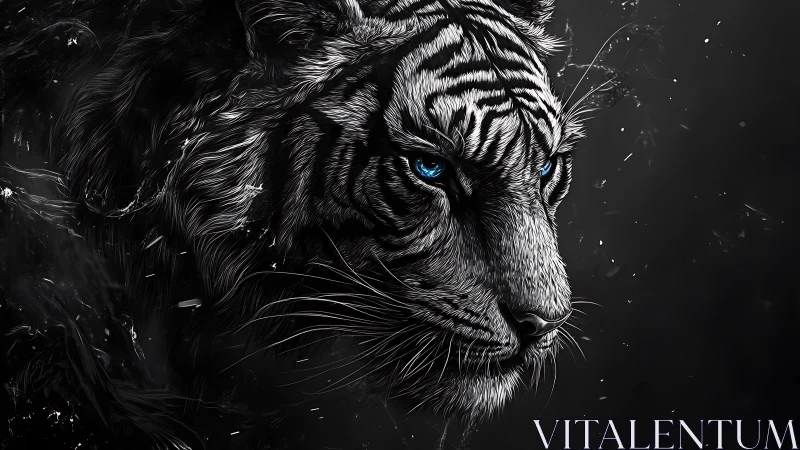 Monochrome tiger profile with blue eyes on dark background.