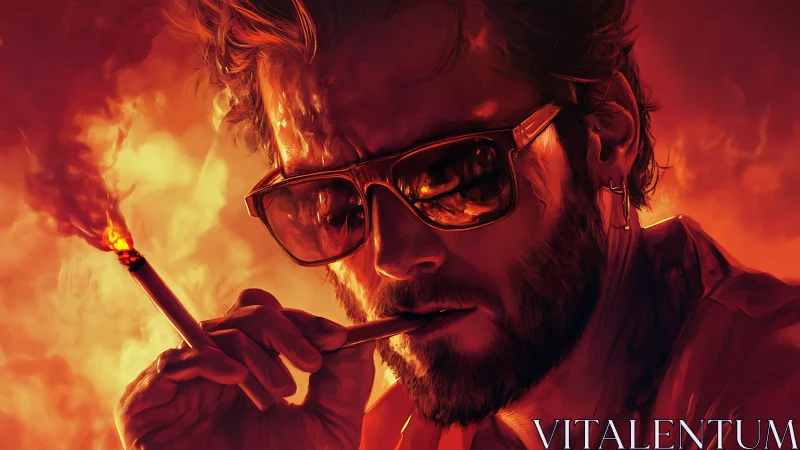 Smoldering drifter studies the blaze reflected in his shades