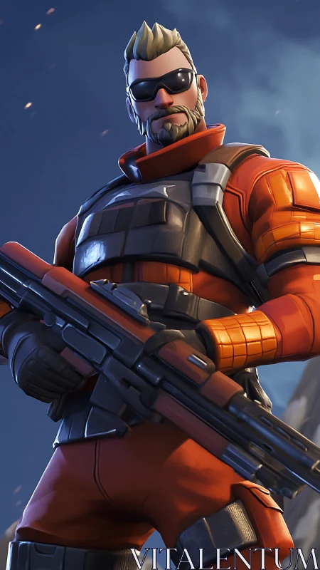 Armored soldier holds scoped rifle in stylized game render