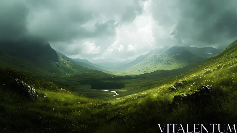 Stormy green valley with mountains and winding river.