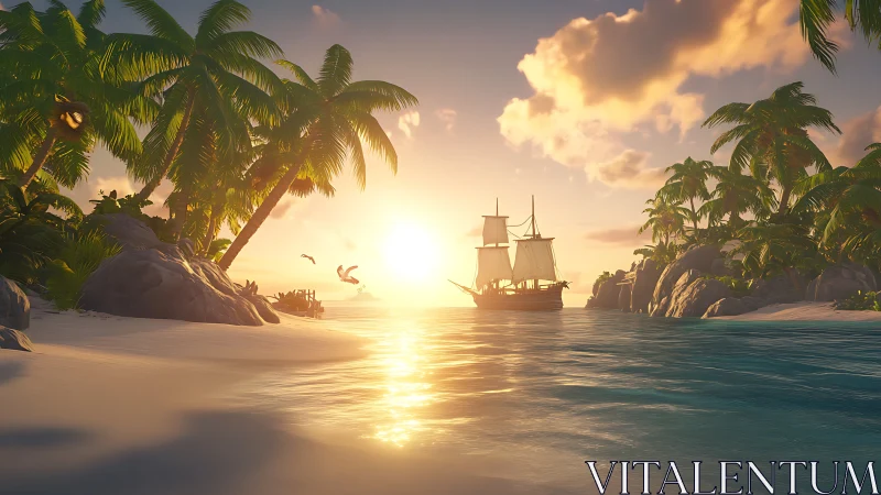 Sailing Vessel at Tropical Sunset in Paradise Cove.