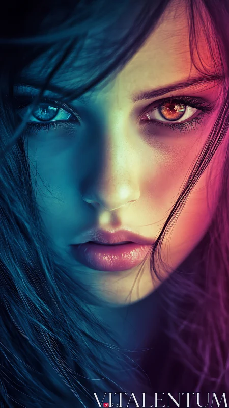 Dual-colored portrait highlights intense heterochromatic gaze.