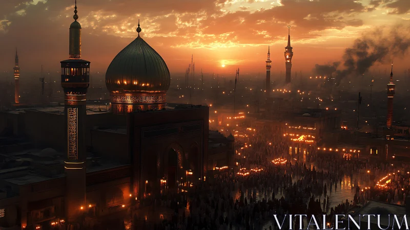 Digital painting of illuminated shrine plaza at dusk panorama.