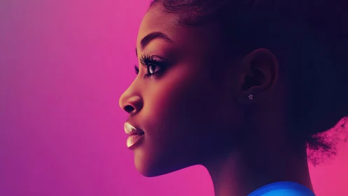 Luminous side profile in dreamy pink and purple glow.