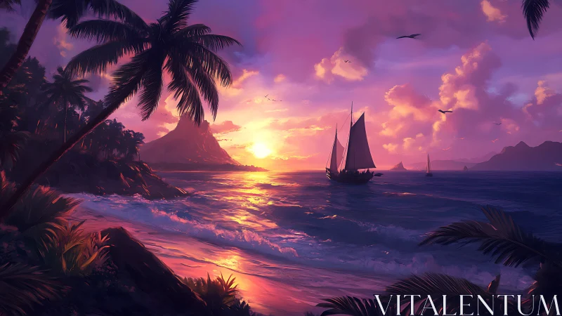 Sunset-lit tropical bay with sailing vessel in digital painting