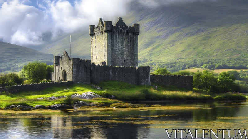 Ancient Scottish Castle Stands Majestically Along River.